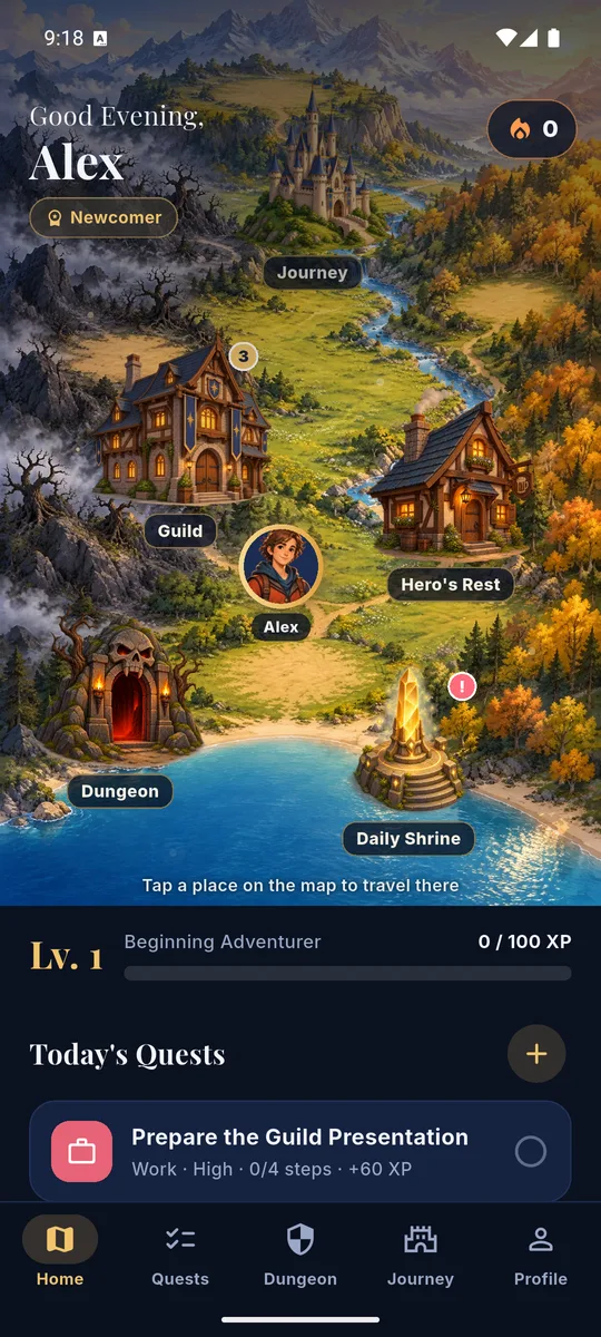 Guildivity home screen: a painted world map with a quest list below